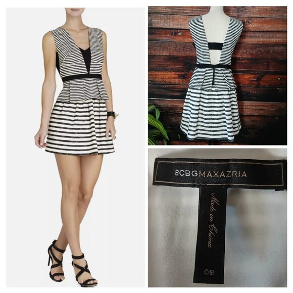 BCBGMAXAZRIA Piper Dress Size 8 Black White Striped Peplum - Picture 1 of 13